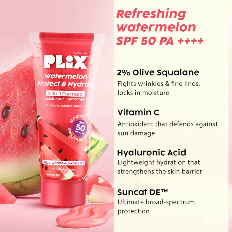 Plix Watermelon SPF PA++++ 50 Protect & Hydrate 2 In 1 Moisturizer + Sunscreen - 50 gm