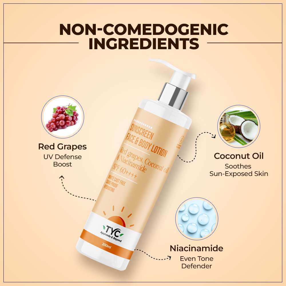TYC Sunscreen Face & Body Lotion - Red Grapes, Coconut Oil & Niacinamide | SPF 60++++ - 200 ml