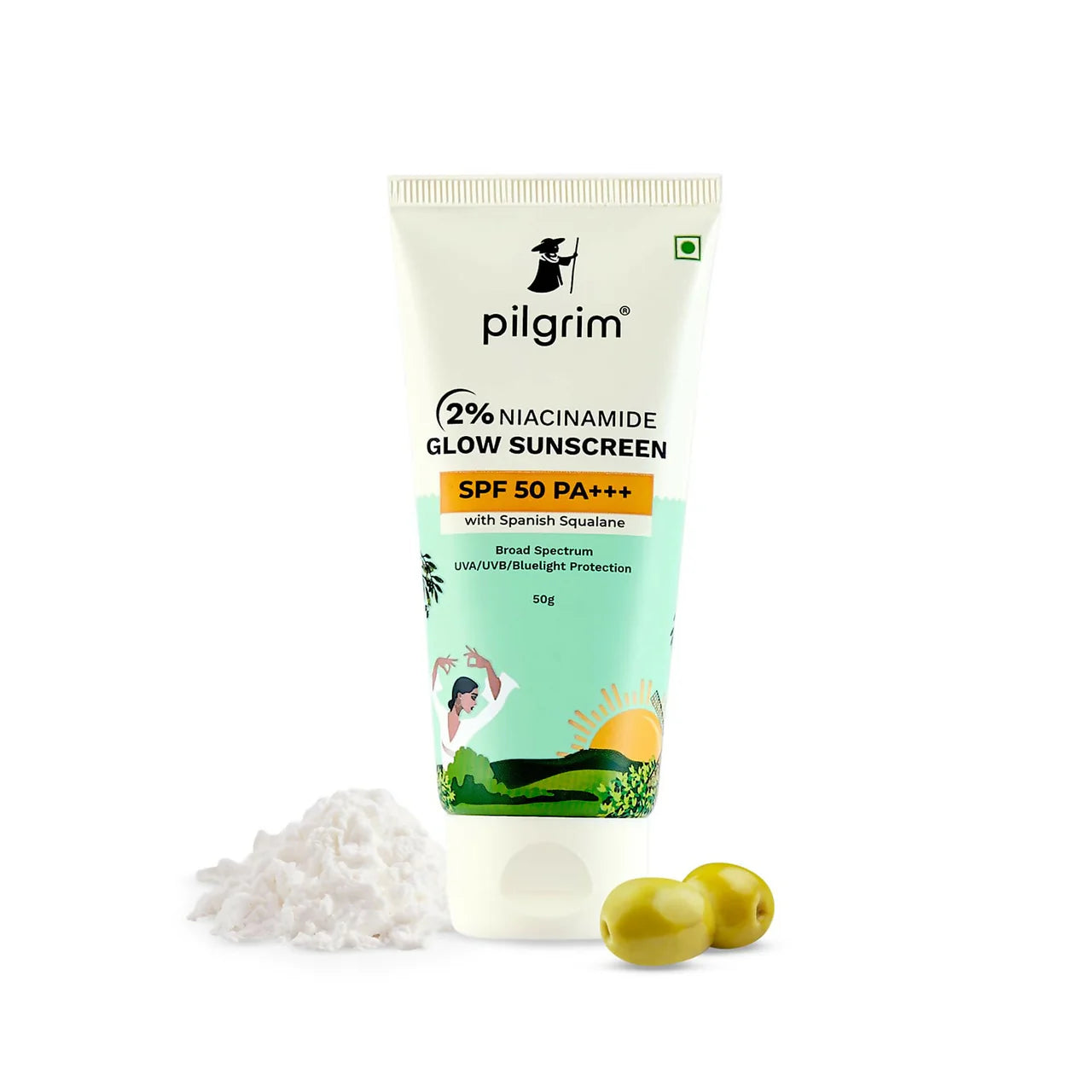 Pilgrim 2% Niacinamide Glow Sunscreen SPF 50 +++ Enhances Glow, Broad spectrum, Non-greasy, No white cast & Prevents Tanning