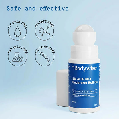 BeBodywise 4% AHA BHA Underarm Roll On For Reduce Pigmentation - Flora Fragrance - 50 ml