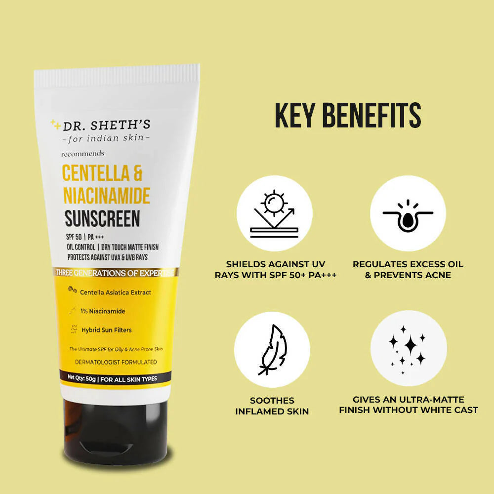 Dr. Sheth's Centella & Niacinamide Sunscreen SPF 50 PA+++ For Oily & Acne-Prone Skin Protects Against Uva & Uvb Rays