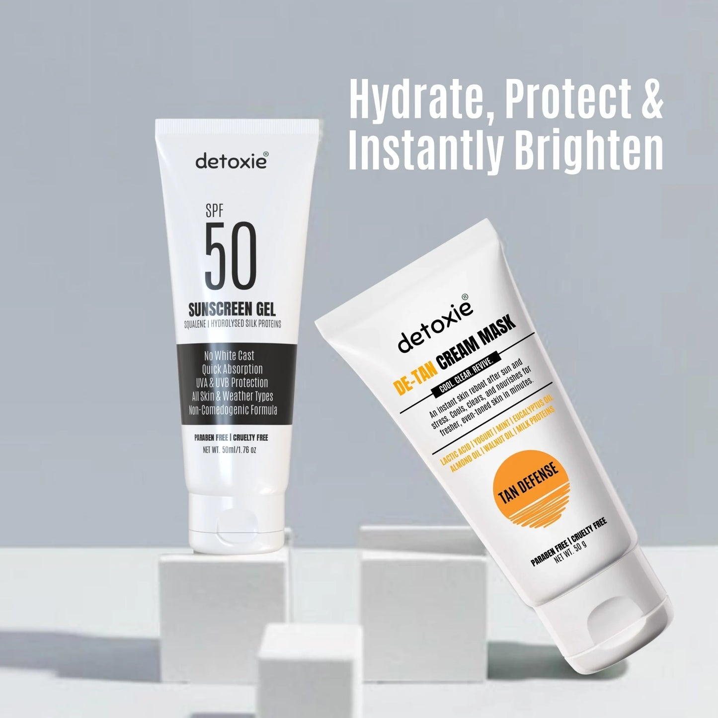 Detoxie Bright Summer Combo - SPF50 Sunscreen Gel & Detan Cream Mask - combo