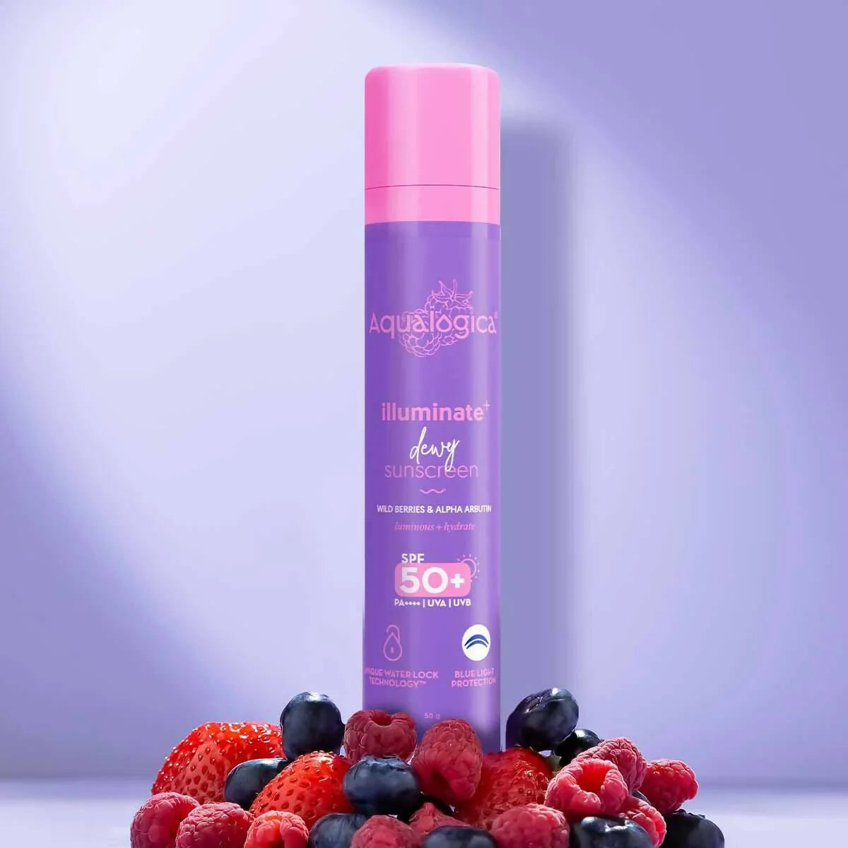 Aqualogica Illuminate+ Dewy Sunscreen SPF 50+ PA++++ with Wild Berries & Alpha Arbutin, Protection Against Uva/B & Blue Light Protection - 30 gm