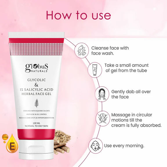 Globus Naturals Glycolic & 1% Salicylic Acid Herbal Anti Acne Face Gel - 100 ml