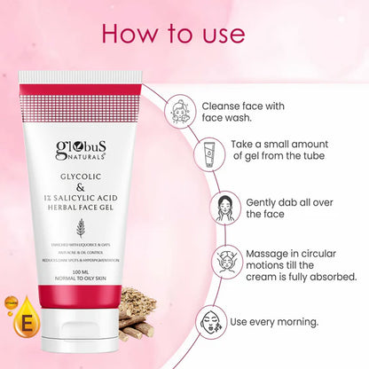 Globus Naturals Glycolic & 1% Salicylic Acid Herbal Anti Acne Face Gel - 100 ml