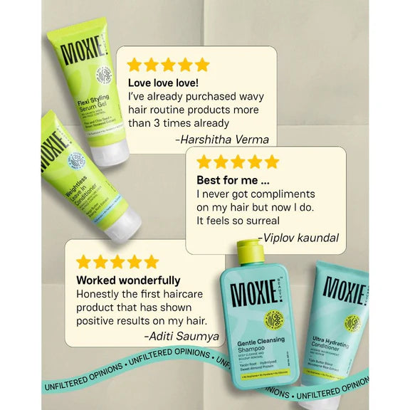 Moxie Beauty Wavy Travel Routine - Shampoo, Conditioner, Leave-In Conditioner & Styling Serum Gel - combo