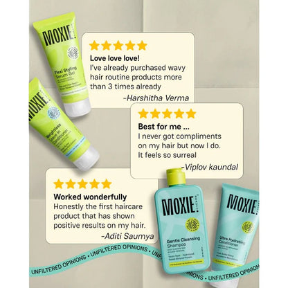 Moxie Beauty Wavy Travel Routine - Shampoo, Conditioner, Leave-In Conditioner & Styling Serum Gel - combo