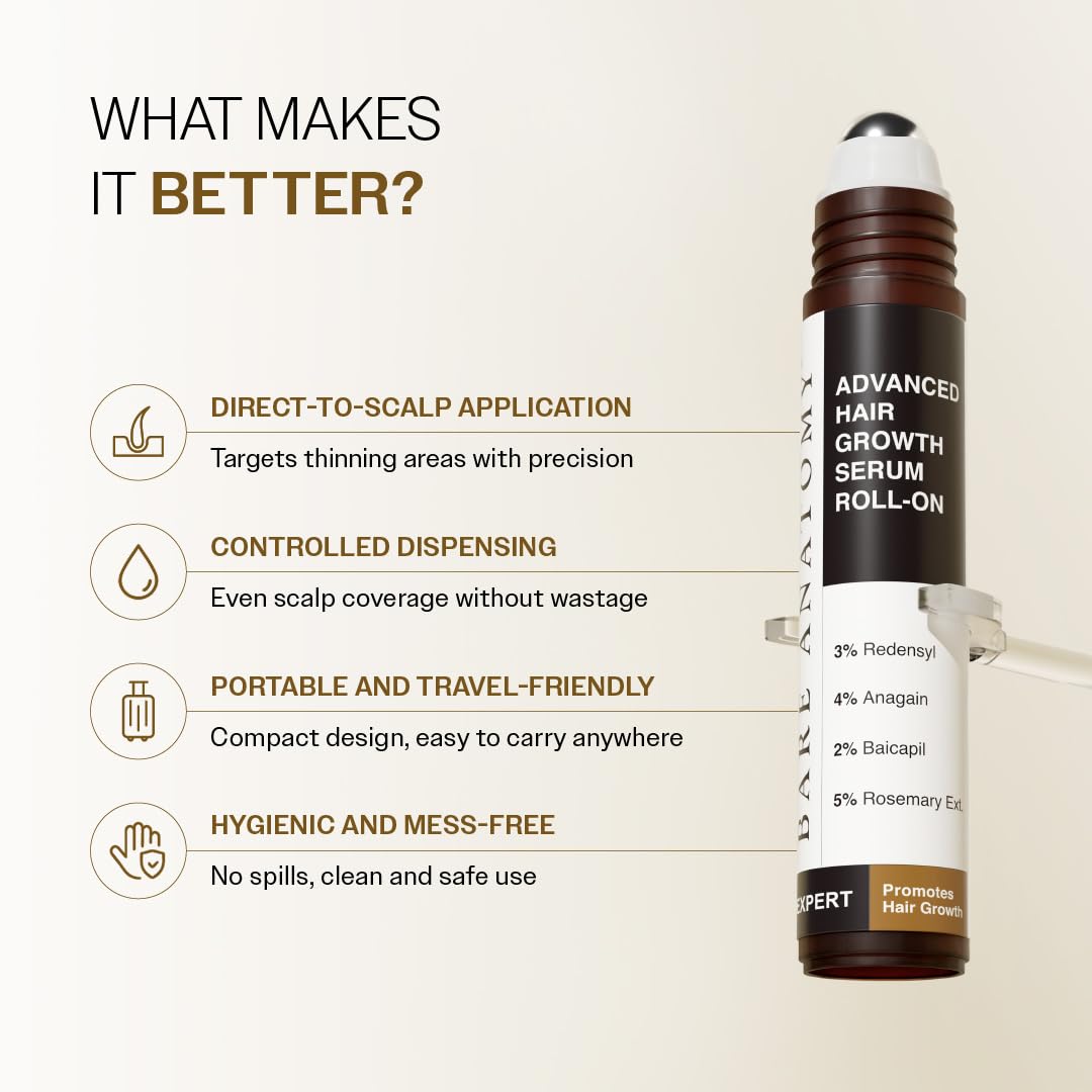 Bare Anatomy Advanced Hair Growth Serum Roll-On with Redensyl, Rosemary & Rice Water