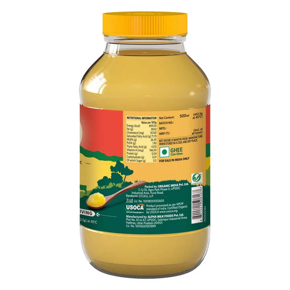 Organic India Organic Cow Ghee 500 ml Bottle | 100% Gir Cow Ghee | Vedic Bilona Method | Grassfed, Cultured, Premium & Traditional Ghee | Immunity Booster - 500 ml