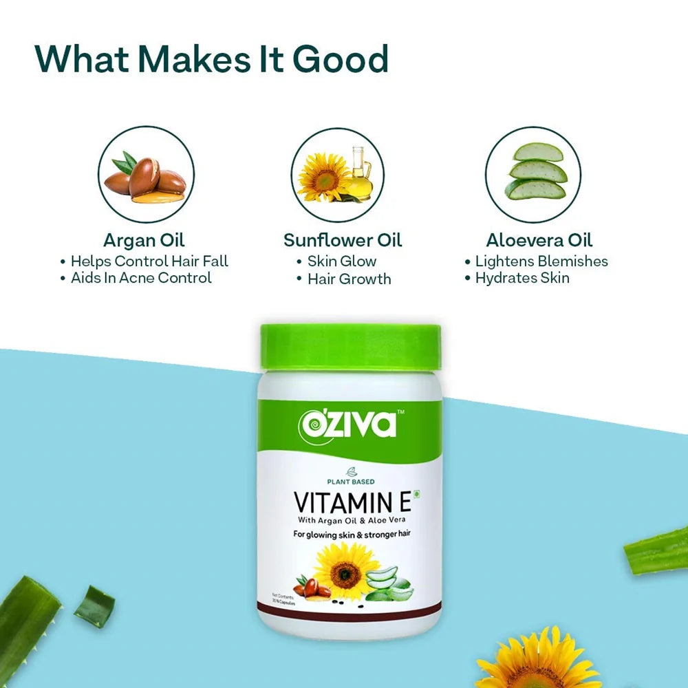 OZiva Plant Based Natural Vitamin E (With Argan oil + Aloe vera) -30 Veg capsOZiva Plant Based Natural Vitamin E (With Argan oil + Aloe vera) -30 Veg caps