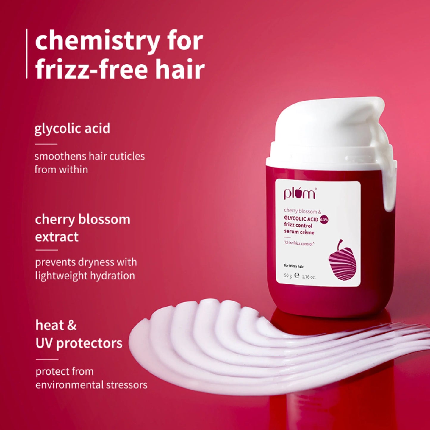 Plum 0.3% Glycolic Acid & Cherry Blossom Frizz Control Hair Serum Creme - 50 gm