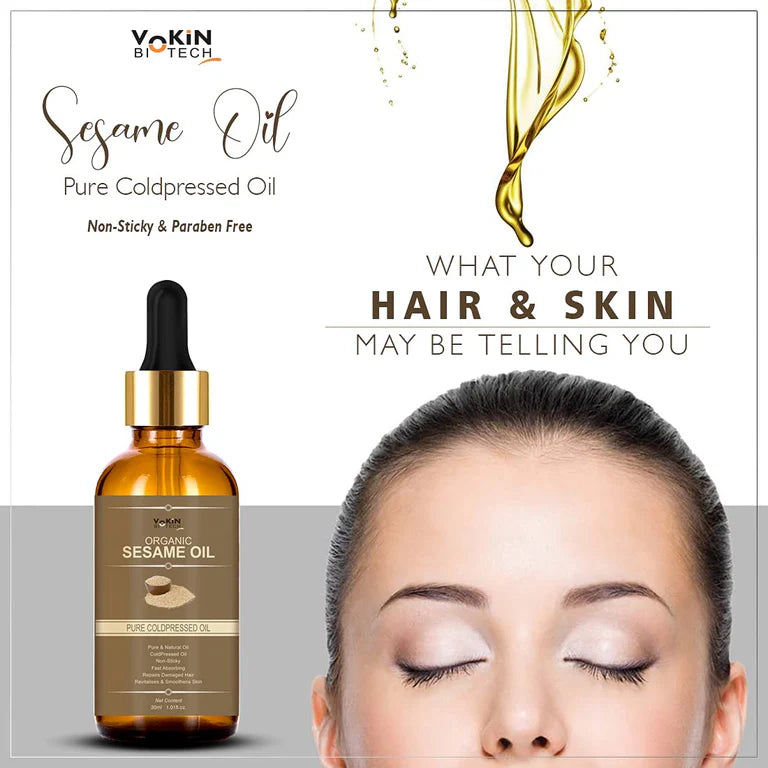Vokin Biotech Organic Sesame Pure Cold Pressed Oil For Hair, Body, Skin Care, Massage, - 30 m