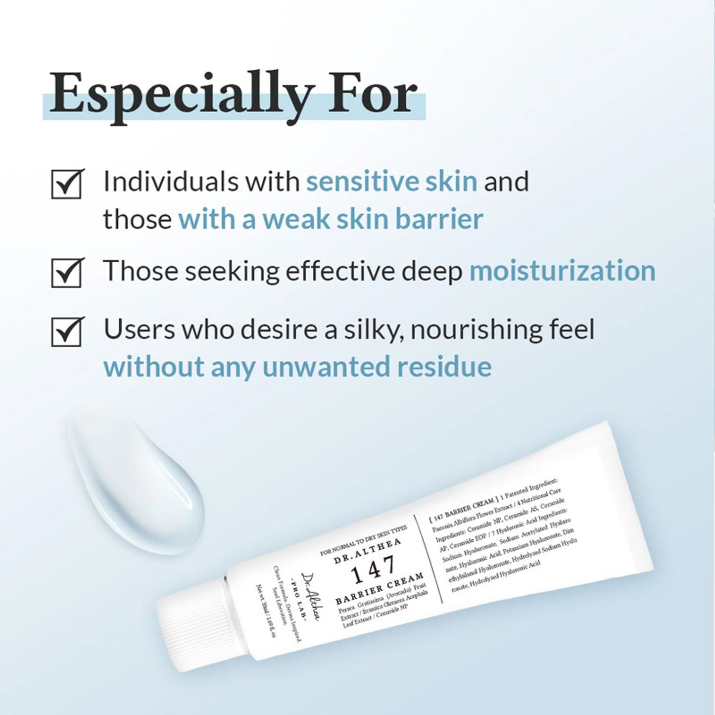 Dr.Althea 147 Barrier Cream: Rich Ceramide & hyaluronic acid infused cream for Damaged Skin Barrier - 50 ml