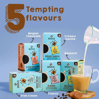 Bevzilla Assorted Flavours Instant Coffee Cubes Pack with Organic Date Palm Jaggery - 20 sachets