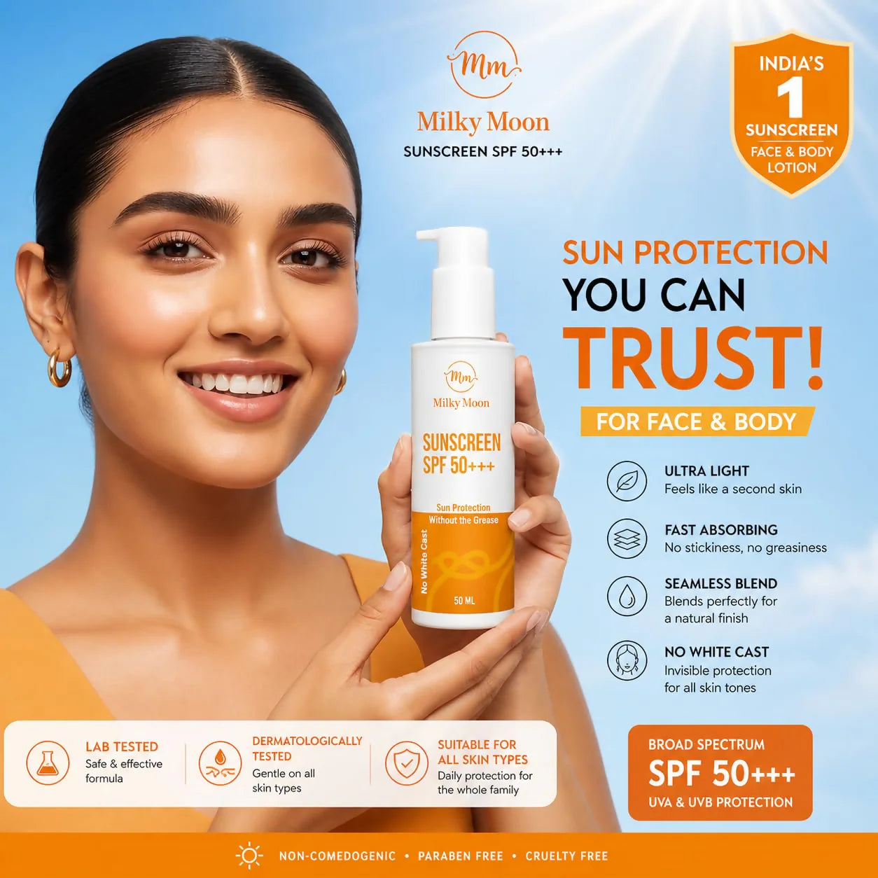 Milky Moon Sunscreen For Oily Skin Spf 50 Pa+++ Lightweight & Non-Greasy - 50 ml
