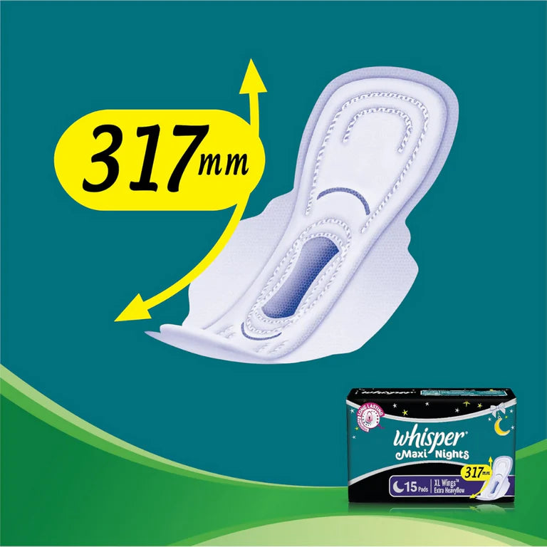 Whisper Maxi Nights Sanitary Pads for Women, XL - 15 Pieces