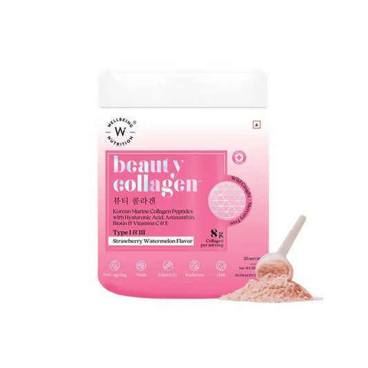 Wellbeing Nutrition Beauty Korean Marine Collagen Peptides - Strawberry & Watermelon - 250 gm