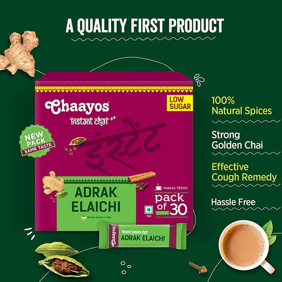 Chaayos Instant Adrak Elaichi Tea Premix (Low Sugar) - 30 Sachets