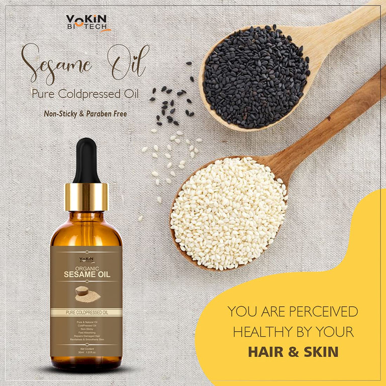Vokin Biotech Organic Sesame Pure Cold Pressed Oil For Hair, Body, Skin Care, Massage, - 30 m
