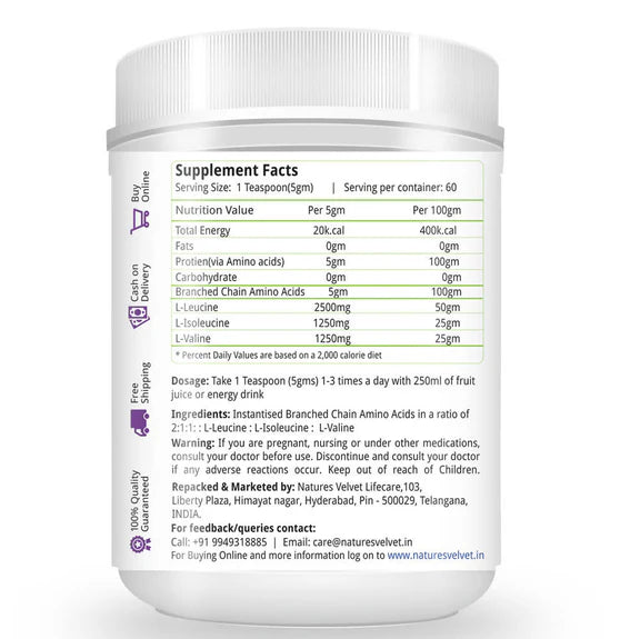 Nature's Velvet BCAA L-Leucine, L-Valine, L-Isoleucine Powder - 300 gm
