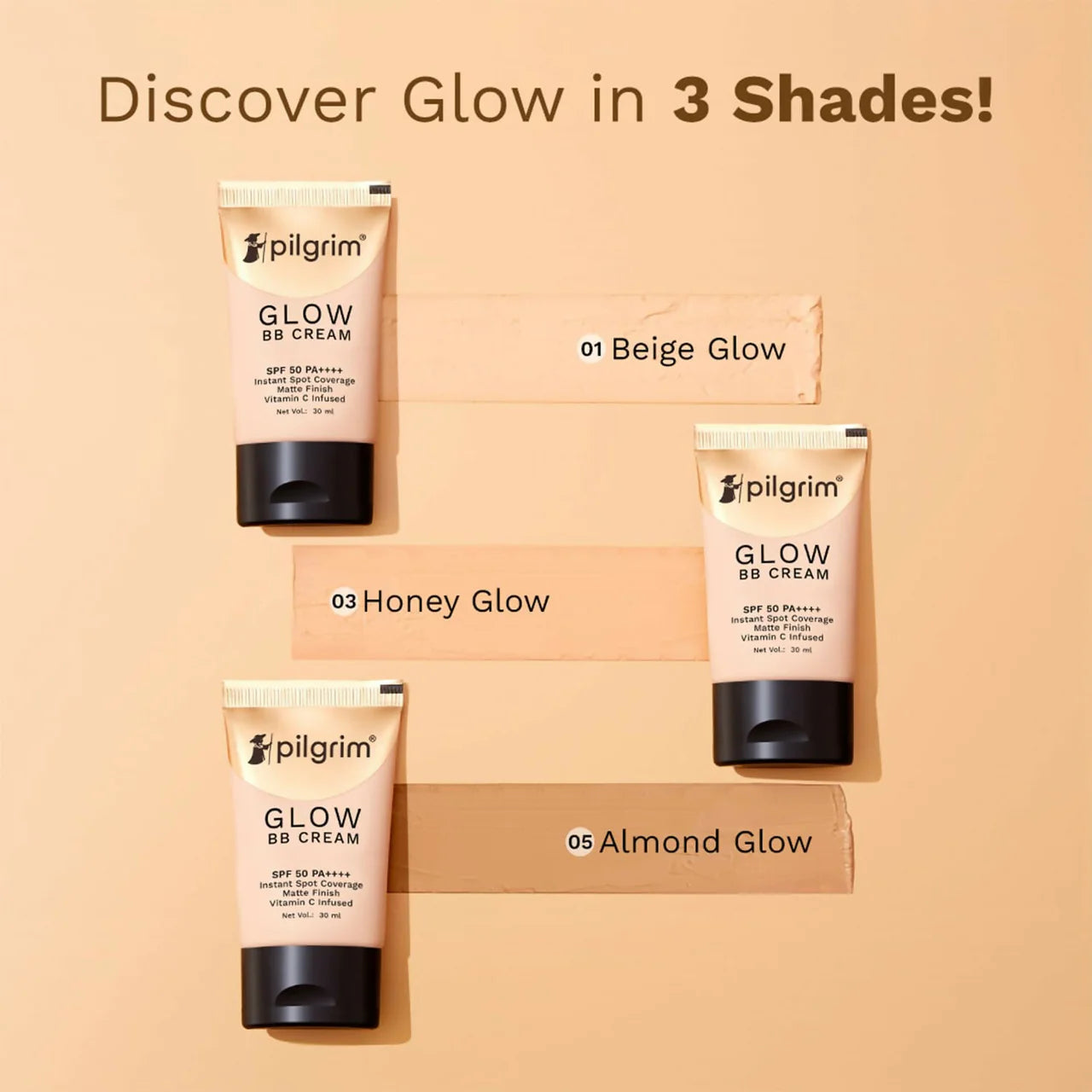 Pilgrim Glow BB Cream SPF 50 PA++++ Instant Spot Coverage Matte Finish Vitamin C Infused - Beige Glow