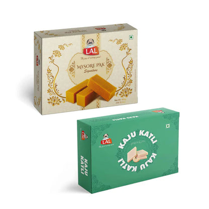 Lal Sweets Combo Pack - Mysore Pak Signature 400Gm And Kaju Katli 400 Gm Gift Pack | Desi Cow Ghee Indian Sweets | Mithai Box - combo