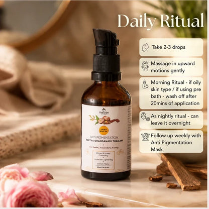 Homegrown Ingredients 24k Kumkumadi Thailam Saffron Saffron  Helps with skin brightening  Manjistha Manjistha  Detoxifies the skin  Haridra Haridra  Reduces pigmentation  Sandalwood Sandalwood  Evens out skin tone