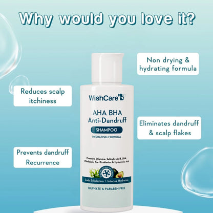 WishCare Hydrating AHA BHA Anti Dandruff Shampo-Reduces Flakes & Itchiness-100% Dandruff Reduction - 120 ml