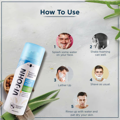 VI-JOHN Dermatologically Tested Premium Claming Aqua Shaving Foam Enriched with Aloevera & Almond Oil Free From Silicone, Paraben & Mineral Oil - 200 gm