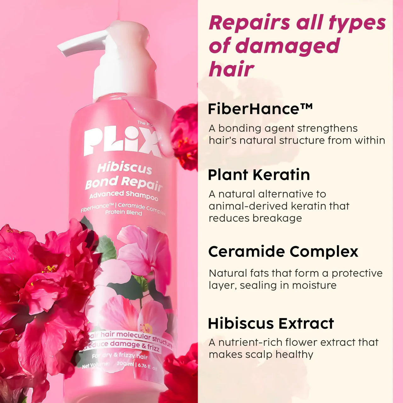 PLIX The Plant Fix Hibiscus Bond Repair Advanced Shampoo For Damaged, Frizzy Hair -200 ml