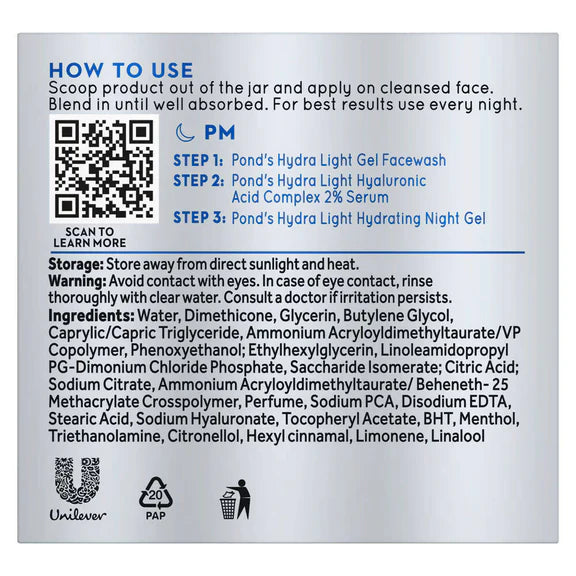 Ponds Hydra Light Hyaluronic Acid Hydrating Night Gel - 50 gm