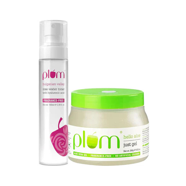 Plum Gentle Skin Soothers Duo Best Aloe Vera Gel - 99% Natural Rose Water Toner With Hyaluronic Acid - combo