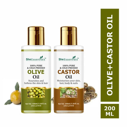 She Essentials 100% Pure Castor & Olive Oil For Skincare & Haircare - combo
