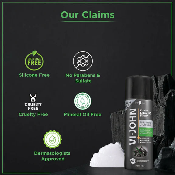 VI-JOHN Dermatologically Tested Premium Purifying Charcoal Shaving Foam Enriched with Aloevera & Jojoba Oil Free From Silicone, Paraben & Mineral Oil - 200 gm