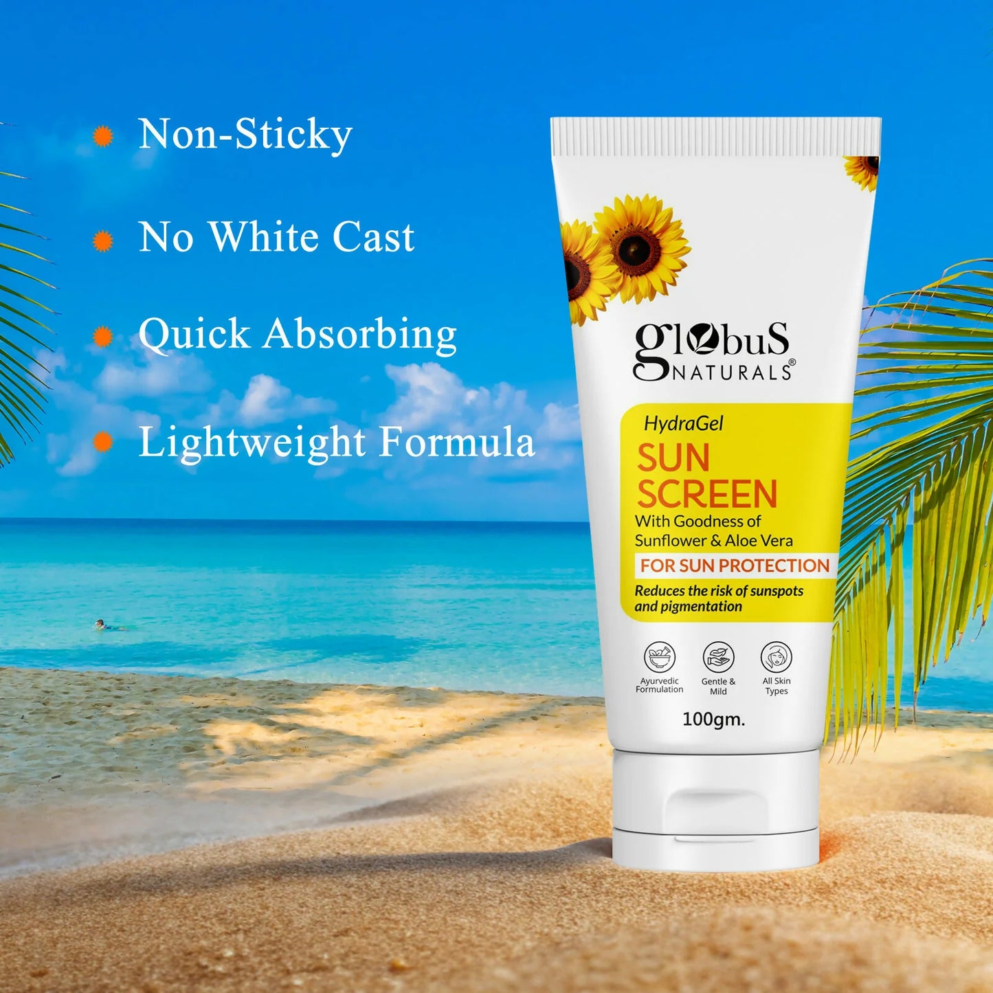 Globus Naturals Hydra Gel Sunscreen With Goodness of Sunflower & AloeVera For Sun Protection All Skin Types - 100 gm