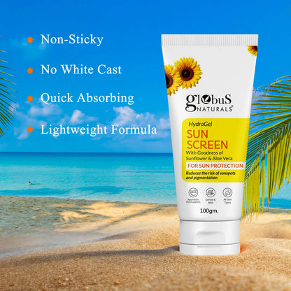 Globus Naturals Hydra Gel Sunscreen With Goodness of Sunflower & AloeVera For Sun Protection All Skin Types - 100 gm