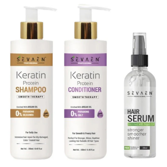 Sevaen Keratin Smooth Shampoo & Keratin Smooth Conditioner & Hair Serum - Kit