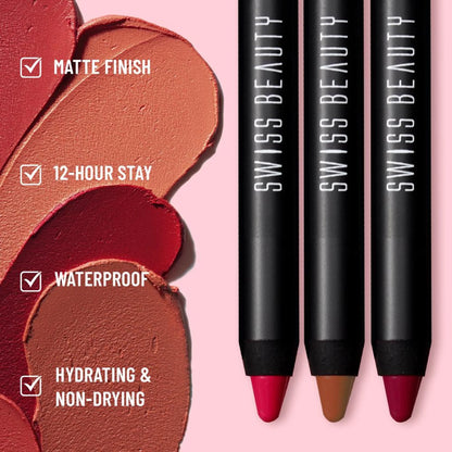 Swiss Beauty Matte Long Lasting Stay Maxx Lip Crayon Lipstick Matte Finish - Bloodshot Maroon - 3.5 gm