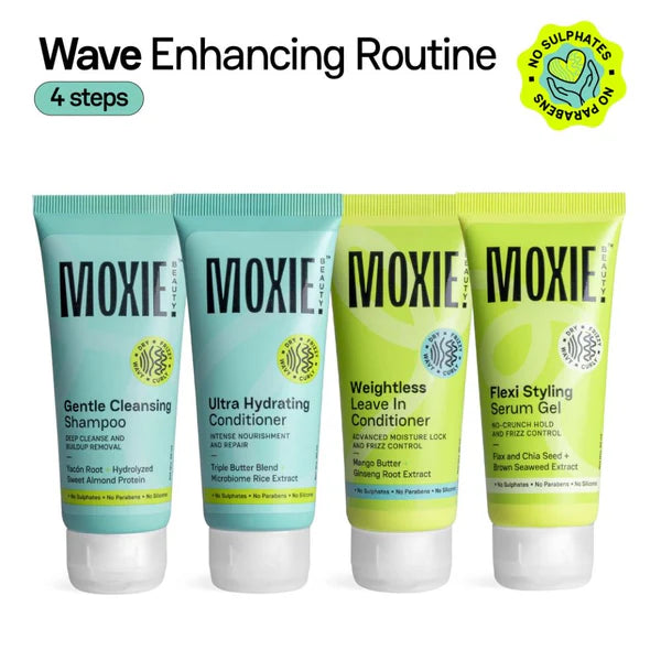 Moxie Beauty Wavy Travel Routine - Shampoo, Conditioner, Leave-In Conditioner & Styling Serum Gel - combo