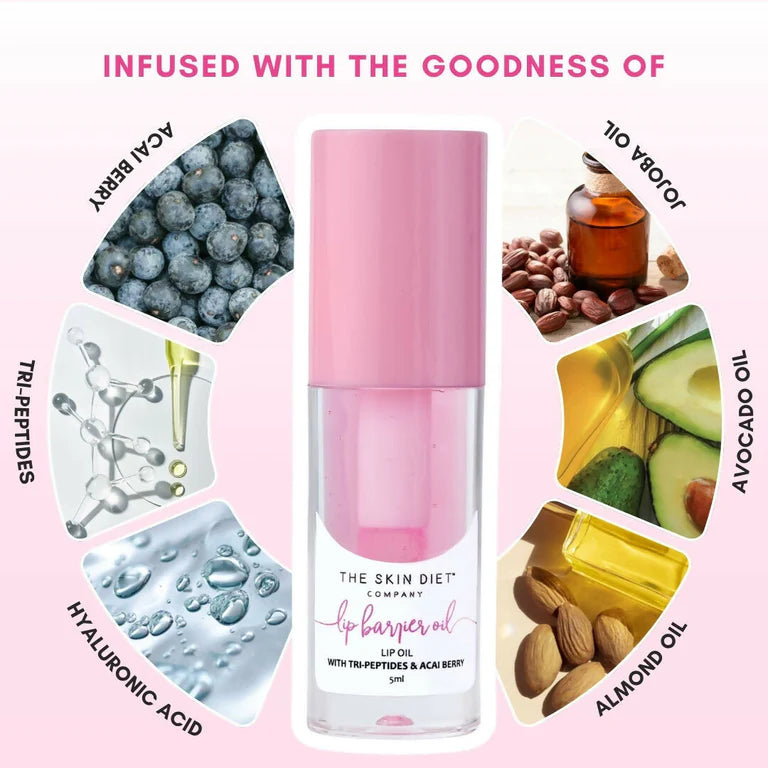 The Skin Diet Company Lip Barrier Oil Clear Gloss with Peptides Hydrates, For Dry & Pigmented Lips - 5 ml