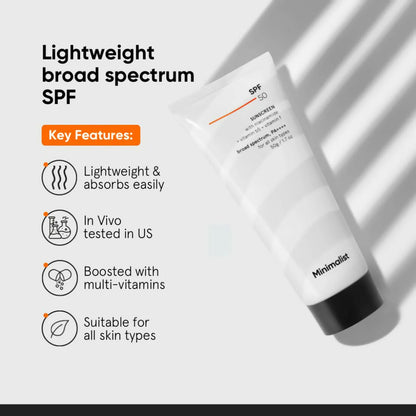 Minimalist Sunscreen SPF 50 PA++++ With Multi-Vitamin For Reducing Photoaging & No White Cast