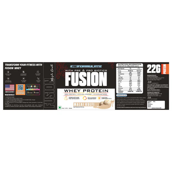 Reformulate Fusion Whey Protein With Pre & Pro Biotics I Muscle Growth I 58G Protein | 379 Kcal Energy - Malai Kulfi - 2 kg