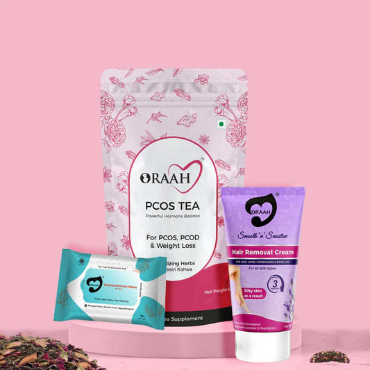 Oraah PCOS PCOD Care Combo (Kahwa Tea, Hair Removal Cream & Intimate Wipes) - Combo