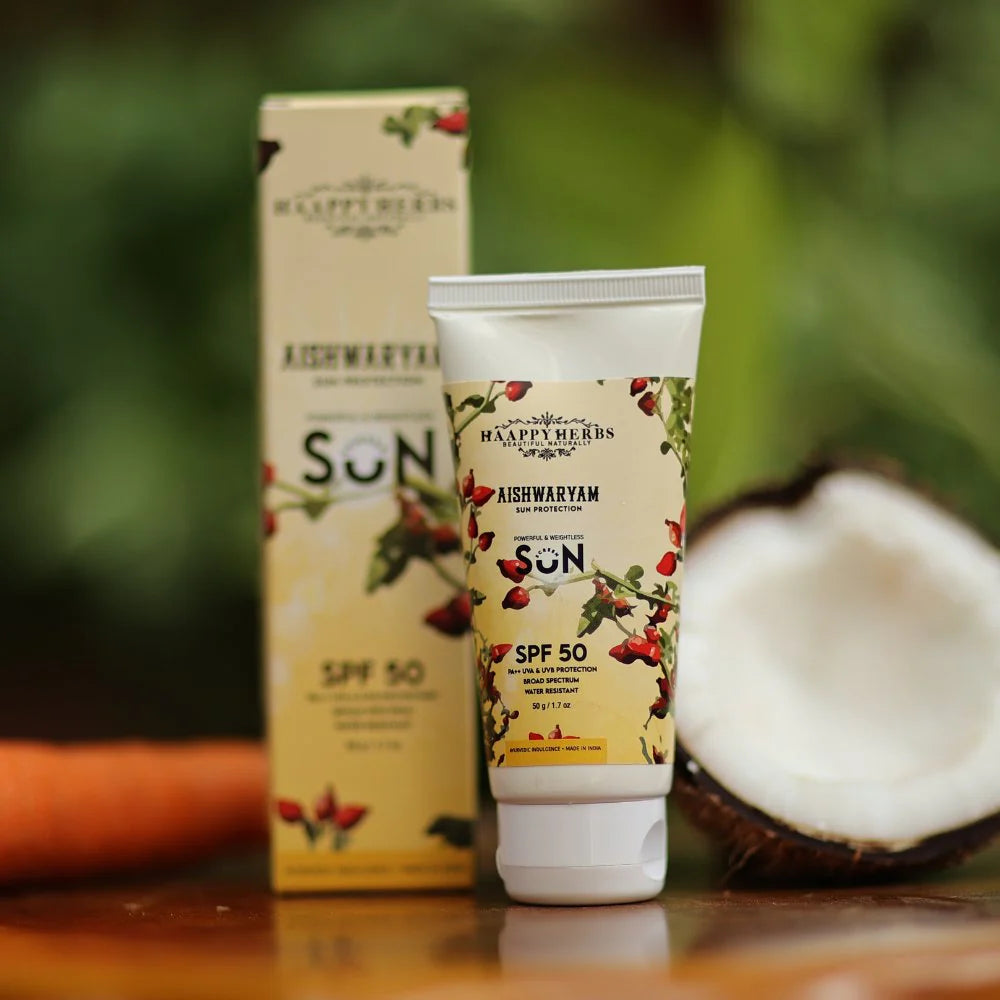 Haappyherbs Aishwaryam Spf50 Powerful,Weightless & Moisturizing Sunscreen , Pa++,Uva& Uvb Protection - 50 gm