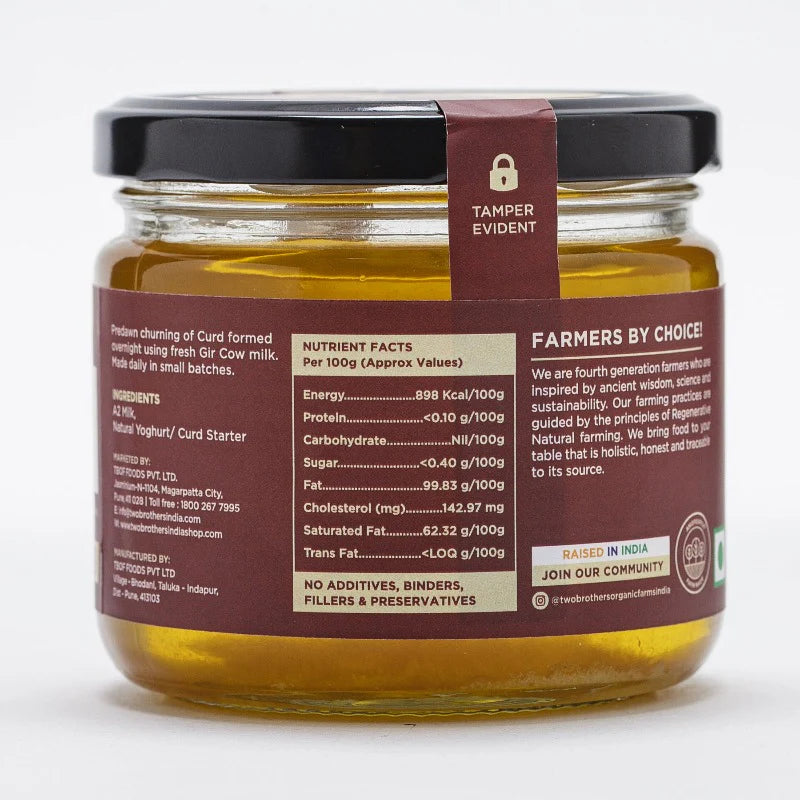 Two Brothers Organic Farms A2 Gir Cow Cultured Ghee | Cultured Cow Desi Ghee | Curd-Churned Bilona Ghee | Pure, Natural, and Healthy