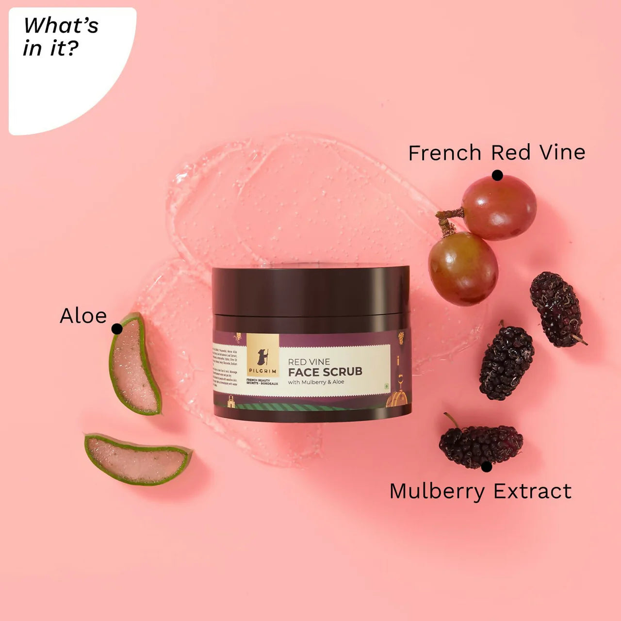 Pilgrim French Red Vine Face Scrub with Mulberry Extract & Aloe For Glowing Skin, Tan Removal, De-Pigmentation -50 gm