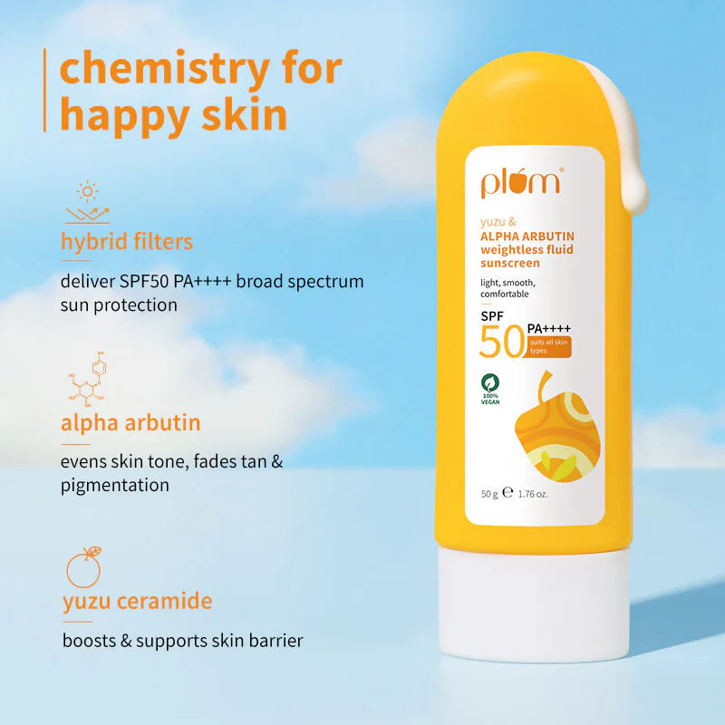 Plum Yuzu & Alpha Arbutin Weightless Fluid Sunscreen SPF 50 PA++++ - 50 gm
