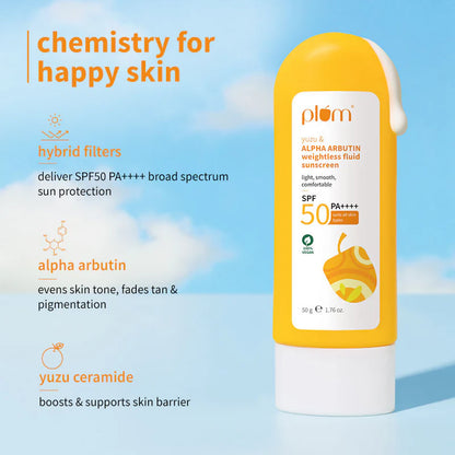 Plum Yuzu & Alpha Arbutin Weightless Fluid Sunscreen SPF 50 PA++++ - 50 gm