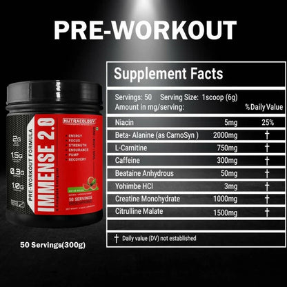 Nutracology Immense 2.0 Pre-Workout For Performance Strength & Energy Boost - 300 gm - Watermelon