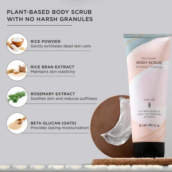 Kimirica Rice Powder Body Scrub Exfoliating + Cleansing For Soft & Smooth Skin - 180 gm